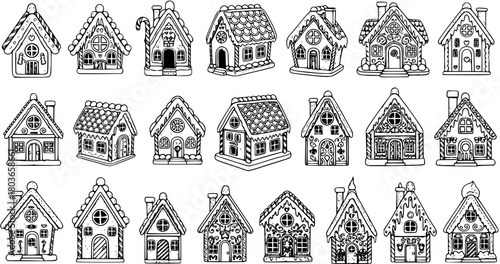 Detailed hand-drawn doodle style black and white line art collection of various Christmas and winter holiday gingerbread houses.