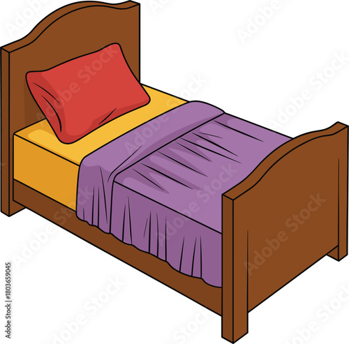 Wooden bed with purple blanket and red pillow on white background bedroom furniture