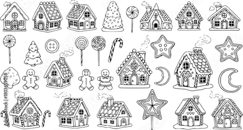Detailed set of hand-drawn gingerbread houses, festive cookies, and Christmas candies in black and white, perfect for holiday season designs, coloring pages, or winter celebration illustrations.