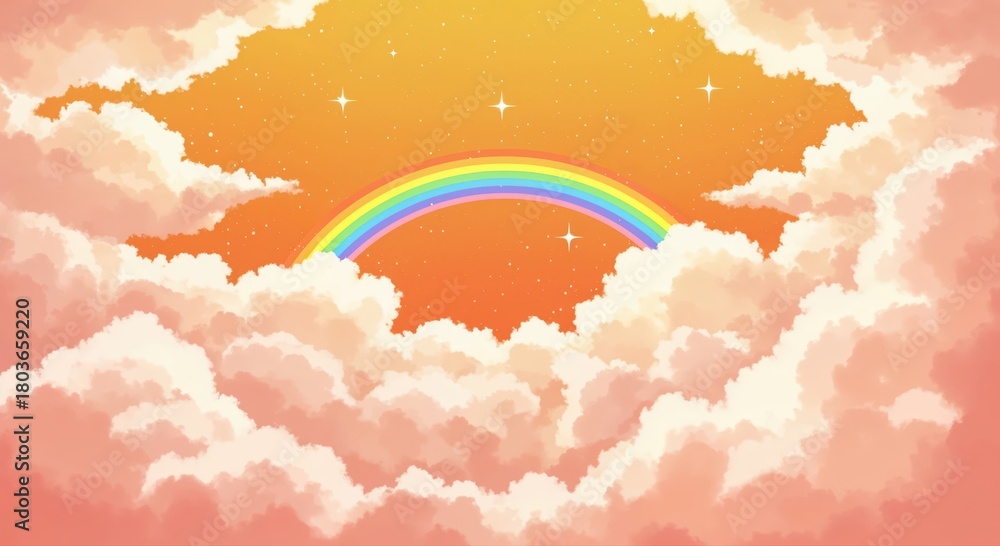 Naklejka premium Rainbow in the Clouds: A vivid rainbow arches gracefully across a pastel sky, nestled within fluffy clouds, symbolizing hope and joy