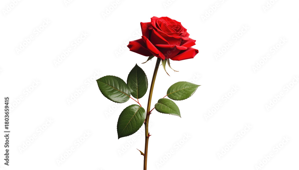 Naklejka premium A vibrant red rose, with detailed petals and green leaves, stands tall against a stark black background