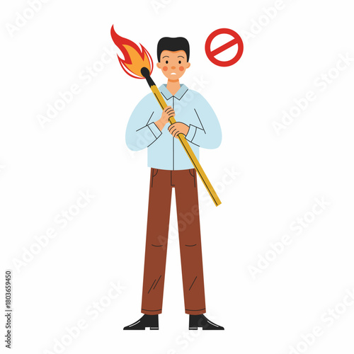 man holds large burning match. Fire safety measures. Vector illustration in cartoon style.