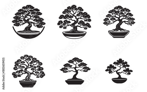 Elegant Bonsai Tree Collection Minimalist Black and White Graphic Art Style Featuring Six Unique Potted Tree Designs