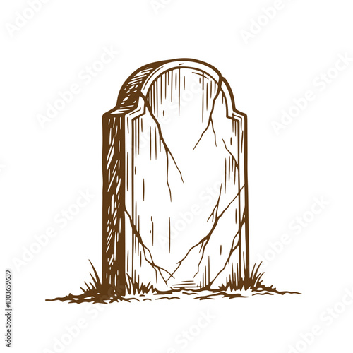 Hand drawn sketch of a vintage cracked tombstone in a grassy landscape illustration