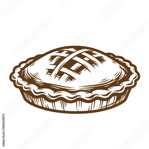 Hand drawn sketch of a delicious apple pie with lattice crust illustration vintage design
