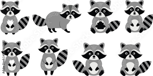 Cartoon raccoon character set with various poses and objects, cute animal illustrations for children’s designs, stickers, and storytelling