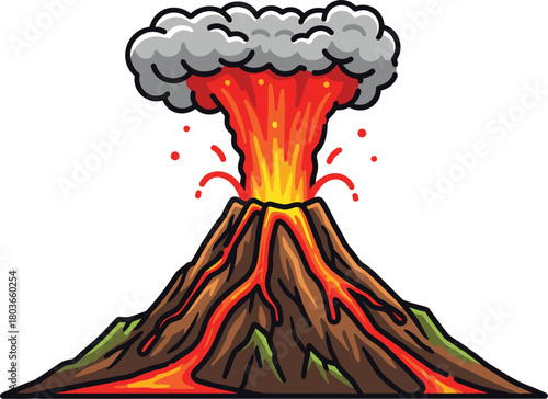 Cartoon volcano erupting with lava and smoke, colorful educational illustration of geological activity for science and learning materials