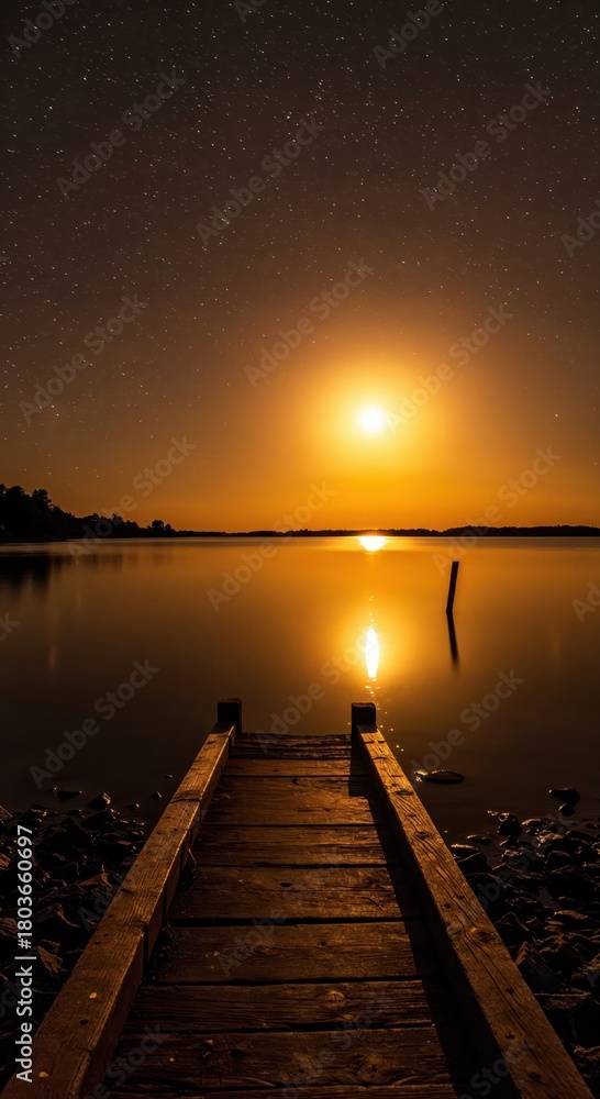 Fototapeta premium Moonlit Pier: A serene evening scene unfolds as a wooden pier extends towards a glowing moon over tranquil water, reflecting the starlit night sky, creating a captivating visual of calm and mystery.