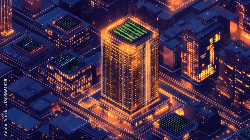 Fototapeta premium Glowing digital city representing data processing infrastructure concept