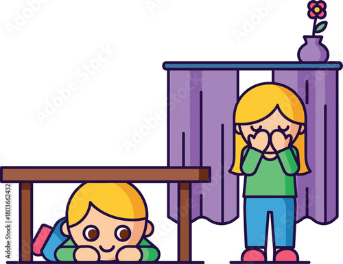 Children playing hide and seek indoors, cartoon-style illustration with table, curtain, flower vase, and playful expressions