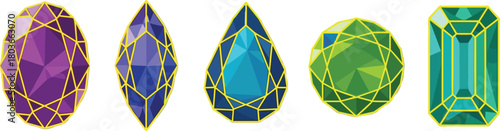 Colorful gemstone vector set with various shapes and faceted designs, outlined in yellow geometric frames for decorative use