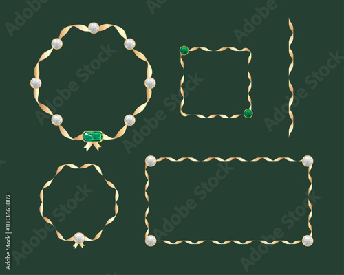 ゴールドリボンと宝石のウェーブ状フレームセット  豪華でエレガントなリボン装飾の枠素材