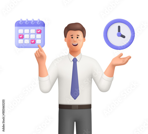 Young smiling businessman Ted pointing at calendar and clock. Time management, productivity, self organization, business planning concept. 3d vector people character. Cartoon minimal style.