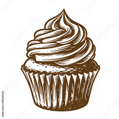 Detailed brown sketch vintage art illustration of a delicious cupcake with swirled frosting