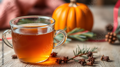 Christmas tea with cloves. Orange pomander ball in the background.