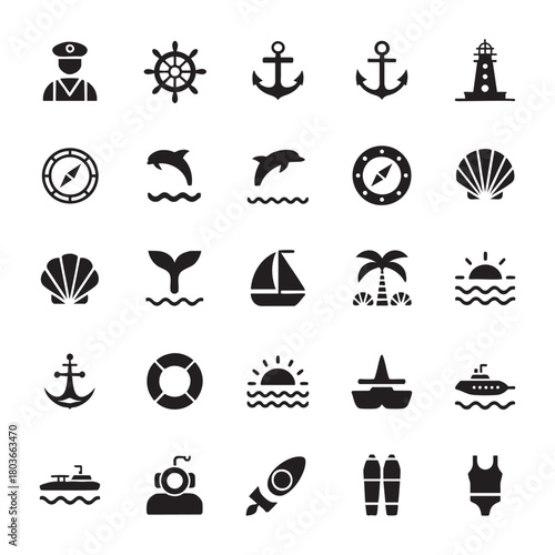 Nautical and beach themed icons including captain diver sailboat and lighthouse vector
