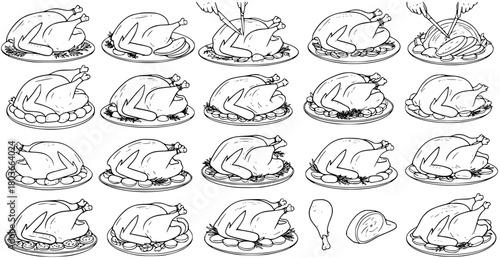 Hand-Drawn Roasted Chicken and Turkey Illustrations. A collection of whole and carved festive birds on platters, perfect for Thanksgiving, Christmas, and holiday dinner concepts.