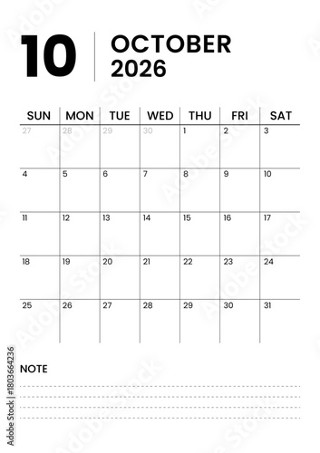 Printable Minimalist Monthly Calendar Template for October 2026 in Portrait Format. Monthly Calendar Planner Template for 2026. Week Starts on Sunday