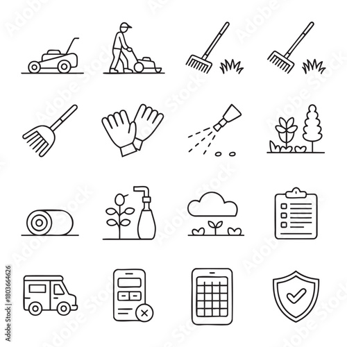 Set of line art icons for gardening lawn care and service operations mowing raking