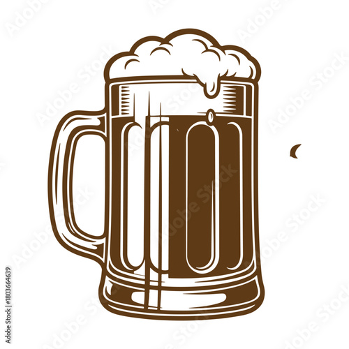 Detailed sketch of a full beer mug with frothy foam and dark liquid in vintage art style