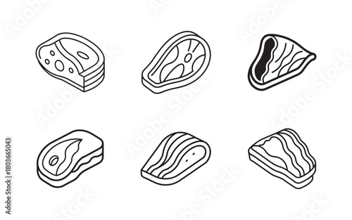 Isometric Vector Outline Illustration of Assorted Meat Cuts Fresh Beef Pork Steak Selection for Butcher Shop and Culinary Theme Design