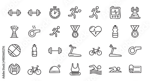 Fitness and Exercise Outline Icons Set on White Background Vector Illustration
