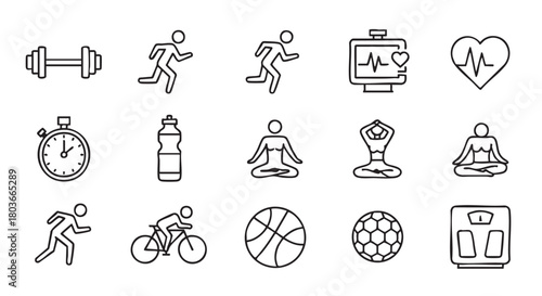 Fitness and exercise line icons representing various physical activities vector illustration