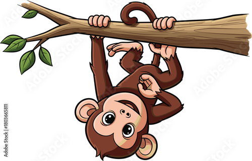 Playful cartoon monkey hanging upside down from tree branch, cheerful character for kids content, jungle themes, and educational use
