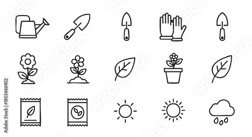 Gardening icon set with watering can shovel flowers and seed packets