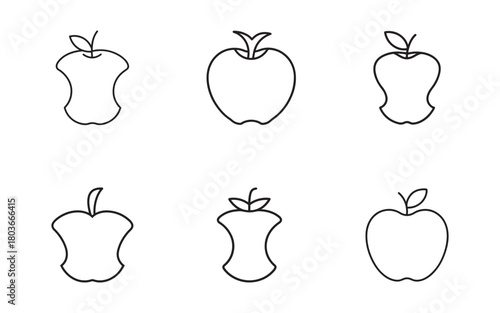 Minimalist Apple Icons Showing Complete and Eaten Apples in Simple Line Art Style Against a White Background