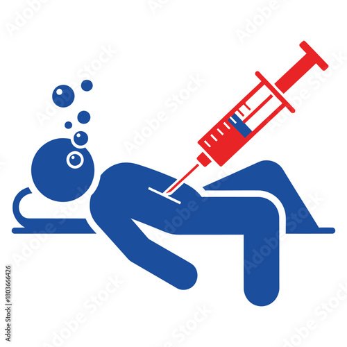 Stylized blue figure receiving injection from red syringe with bubbles