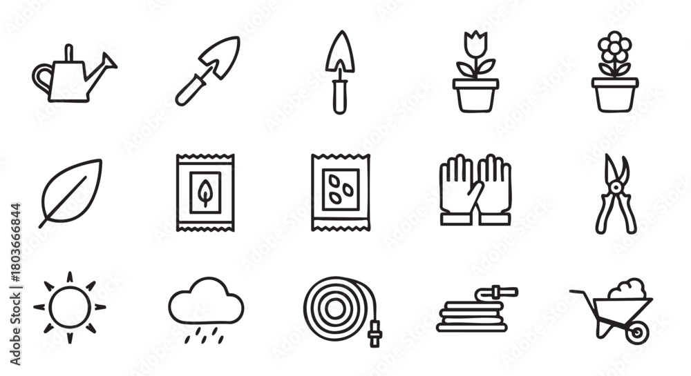 Fototapeta premium Gardening icons set in minimal line art style simple design