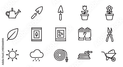 Gardening icons set in minimal line art style simple design