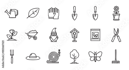 Gardening tools and accessories icons minimal black and white illustration