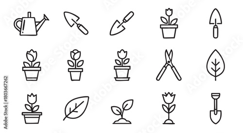 Gardening tools and flower icons set in simple line style
