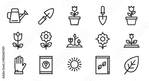 Gardening tools and flowers icons set in linear style design