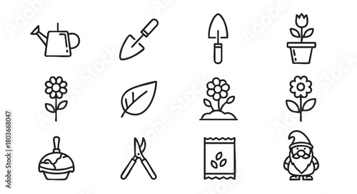 Gardening tools collection of outline icons for spring season