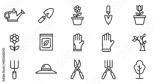 Gardening tools icons set with watering can and flower illustration