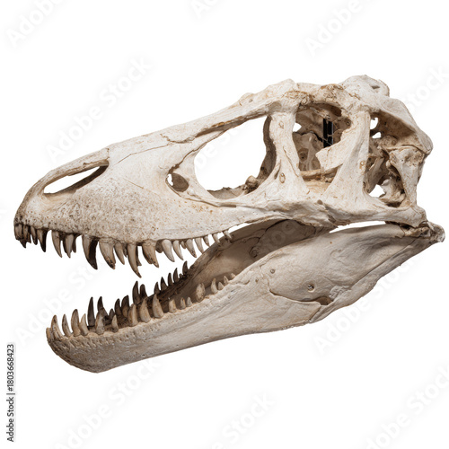Dinosaur skull fossil displaying prehistoric predatory teeth on transparent background
