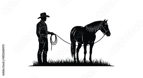 Cowboy silhouette with horse, lasso ready on the open range graphic