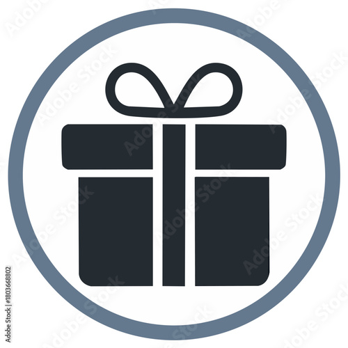 Simple dark present box with elegant bow enclosed in a grey circular frame icon