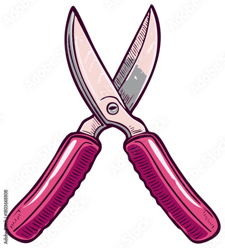 Hand drawn cartoon illustration of pink garden pruning shears