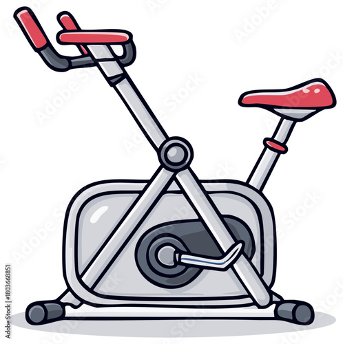 Hand drawn cartoon exercise bike with red seat and handles for fitness