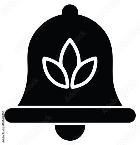 Elegant Black Bell Icon with Floral Leaf Ornament Notification Symbol Illustration