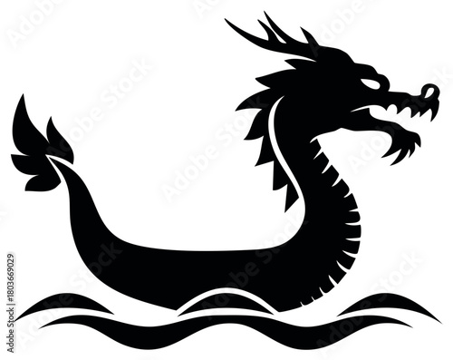Sea serpent silhouette, swimming mythical creature with dragon head in black on waves