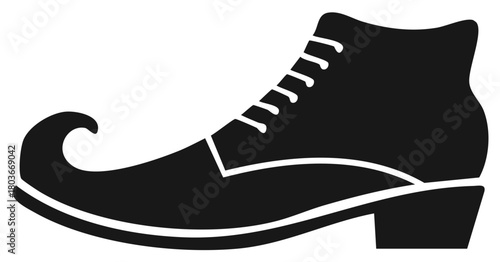 Whimsical elf or jester shoe with a long curled pointed toe simple vector icon