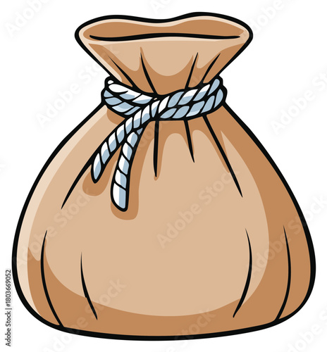 Classic cartoon style brown sack bag tied with a rope representing money wealth or treasure