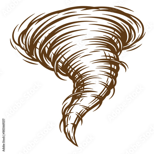 Brown sketch vintage illustration depicting a powerful tornado twister over white background