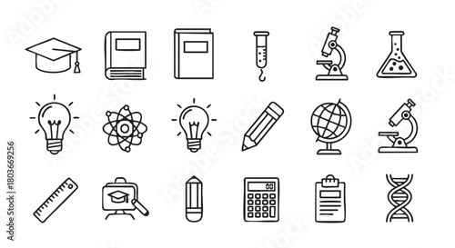 Hand drawn doodle education science elements with graduation cap books and atoms