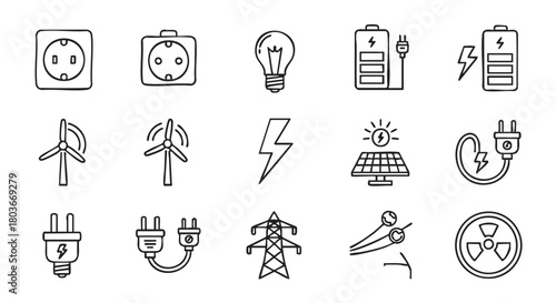 Hand drawn ecology icons renewable energy sources electricity and power